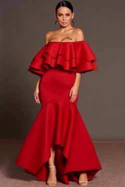 Asymmetrical Red Boat Neck Mermaid Polyester Prom Dresses