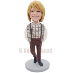 Custom Cool Boy Bobbleheads In Plaid Shirt And Overalls