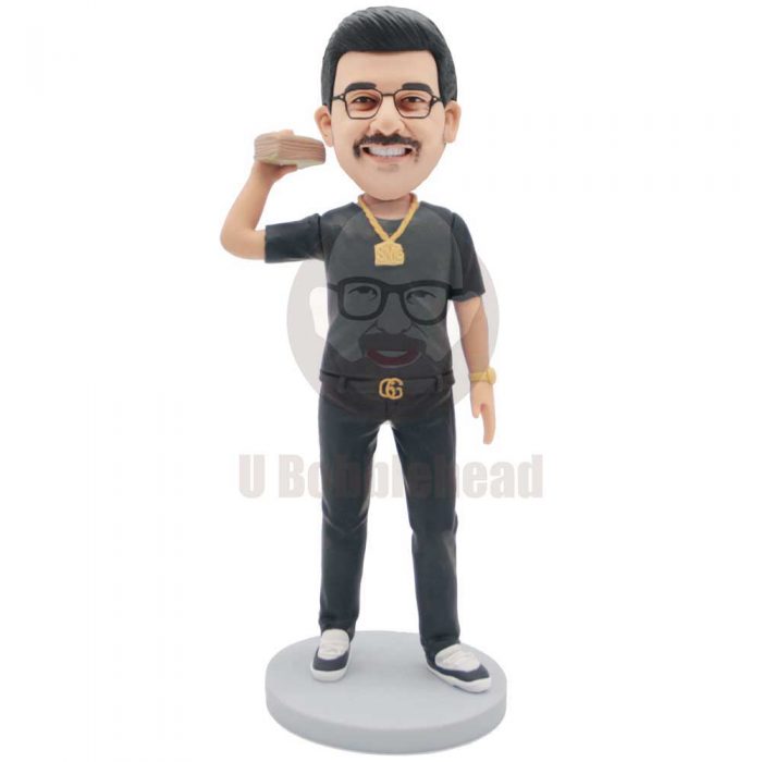 Custom Male Boss Bobbleheads In Black T-shirt And Holding A Wad Of Money