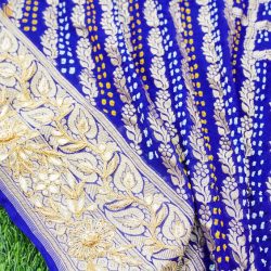 Blue Hand Embroidered Pure Georgette Bandhani Blouse Fabric