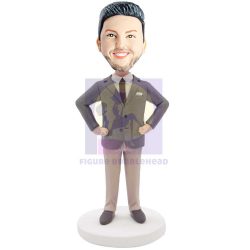 Male Office Staff In Grey Suit And Hands On Hips Custom Figure Bobbleheads