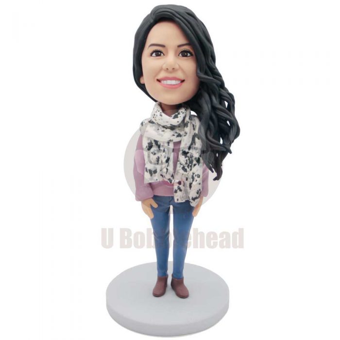 Custom Female Bobbleheads In Casual Clothes With A Polka Dot Scarf