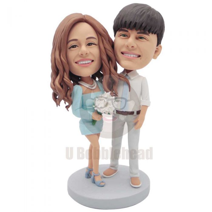 Custom Happy Couple Bobbleheads In Beautiful Clothes Holding Flowers
