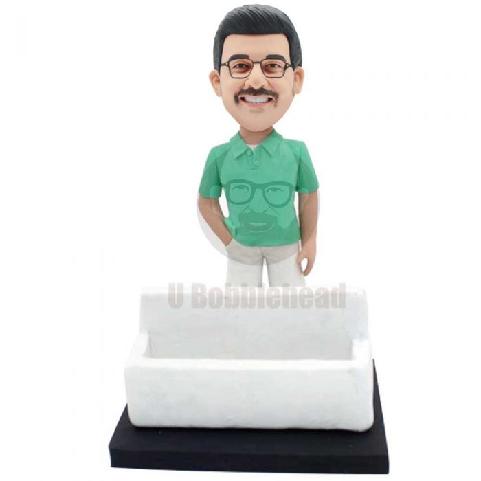 Custom Male Bobbleheads In Green T-shirt With Business Card Holder