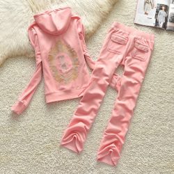 Juicy Couture Crystal JC Mirror Velour Tracksuits 7313 2pcs Women Suits Pink