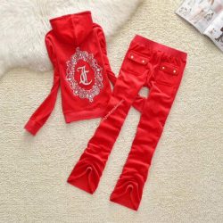 Juicy Couture JC Mirror Cameo Velour Tracksuits 7299 2pcs Women Suits Red