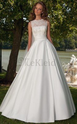 Juwel Ausschnitt Luxus Bodenlanges Brautkleid aus Satin mit Rücken Schnürung – MeKleid.de