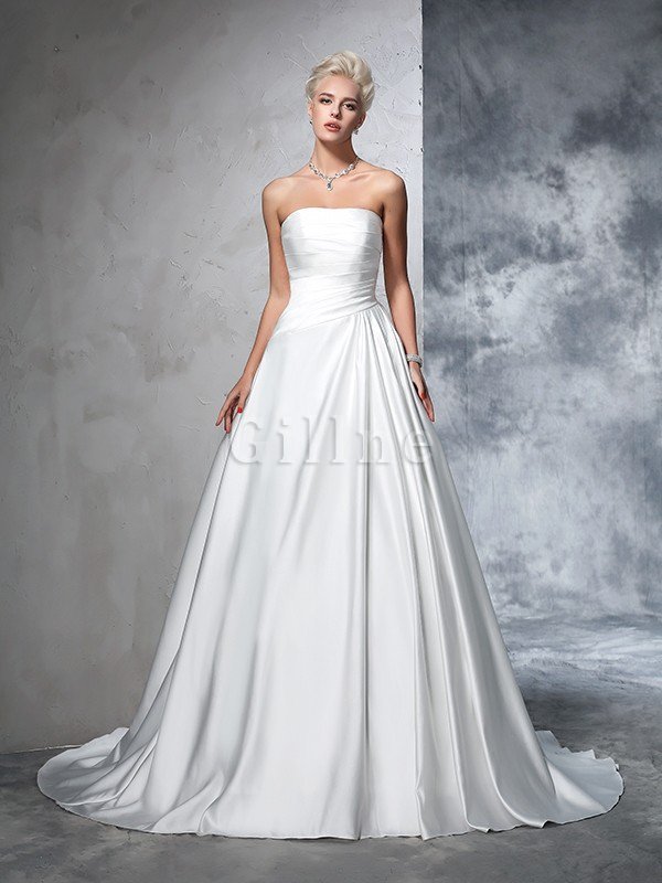 Chapel Train Sleeveless Satin Long Ball Gown Wedding Dress – Gillne.com