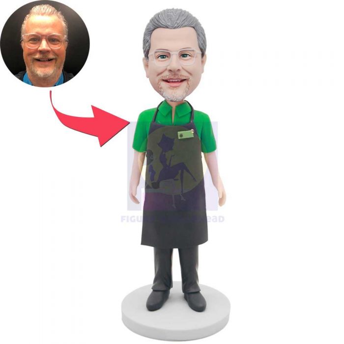 Male Clerk In Green T-shirt And Black Apron Custom Figure Bobbleheads