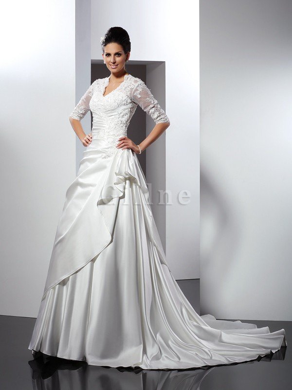 Empire Waist A-Line Sleeveless Satin Appliques Wedding Dress – Gillne.com