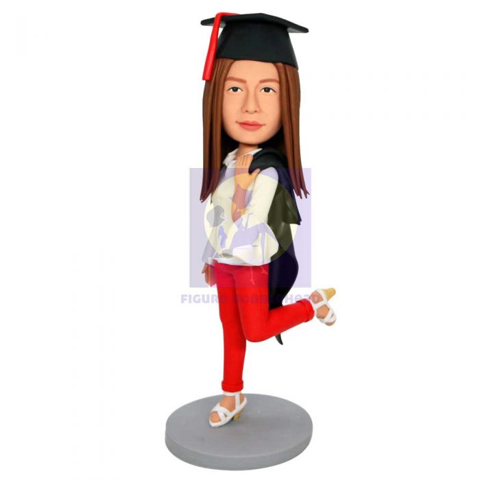 Female Graduates In Red Pants And Drape The Gown Over Your Shoulder Custom Graduation Bobbleheads