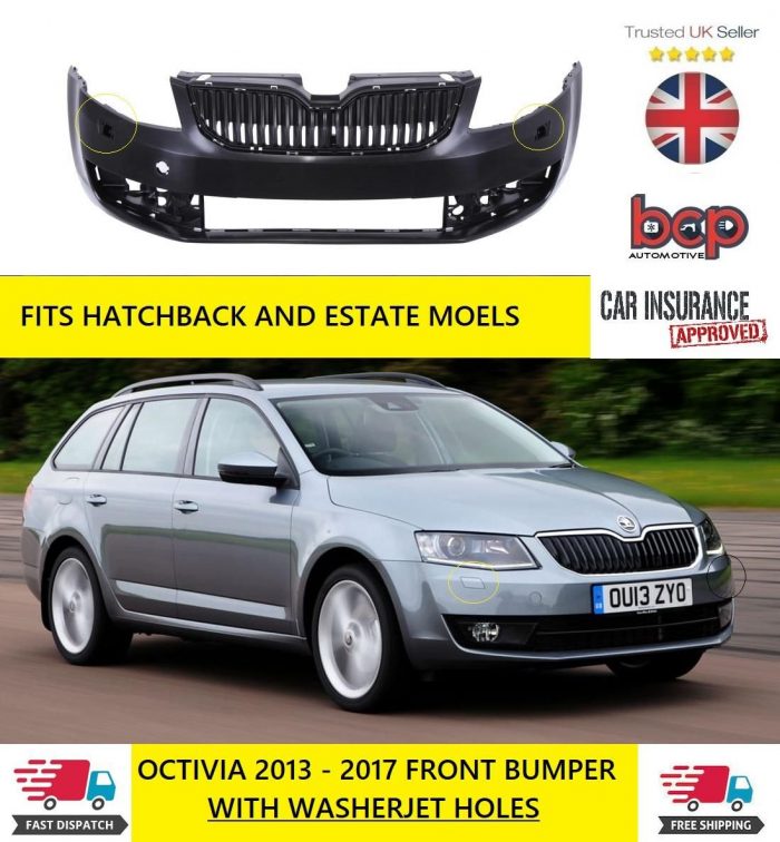 Skoda Octavia 2013-2017 Front Bumper Primed New With Washer Jet Holes 5E0807217A