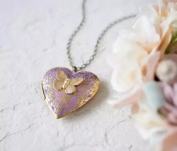 Purple Heart Locket Necklace, Butterfly Locket Necklace, Butterfly Necklace, Gold Heart, Photo L ...