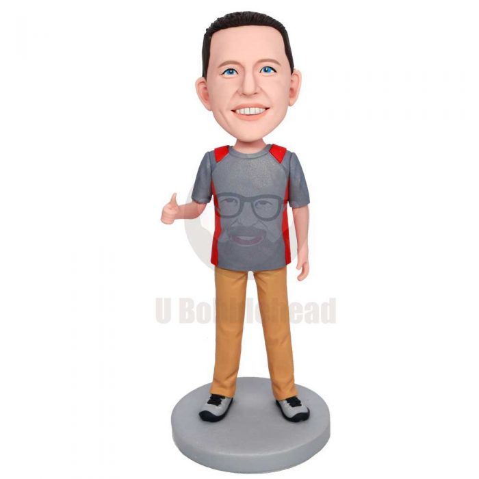 Custom Boy Bobbleheads In Grey T-Shirt And Thumbs Up
