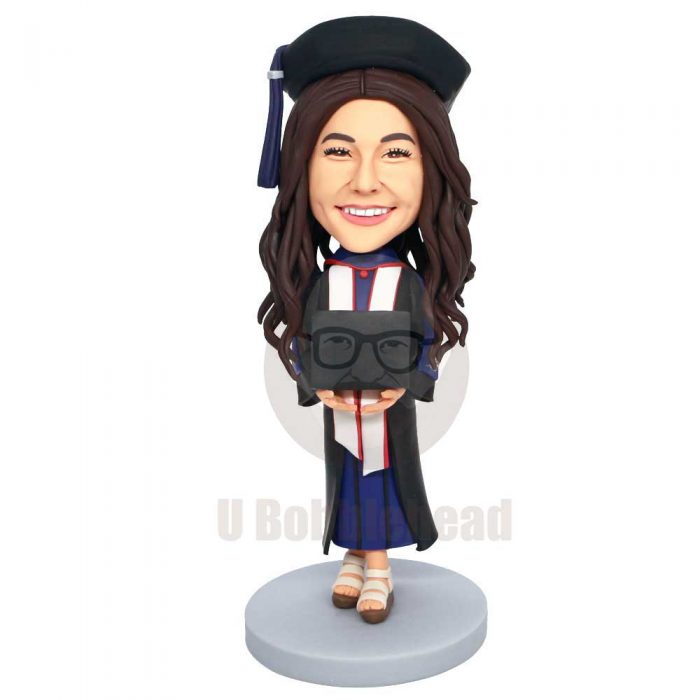 Custom Happy Female Graduates Bobbleheads In Bachelor Gown Holding A Diploma