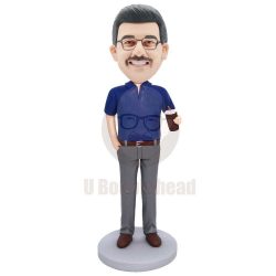 Custom Male Office Staff Bobbleheads In Dark Blue Short Sleeves And Holding A Drink