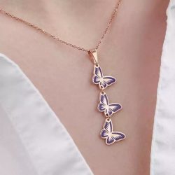 Sterling Silver Rose Gold Triple Butterfly Pendant Featuring a Purple Enamel $59.95