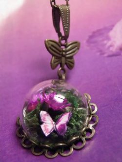 Butterfly Necklace, Glass Dome Mini Terrarium with Flowers, Moss and Butterfly Necklace, Fuchsia ...