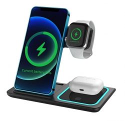 15W 3 IN 1 WIRELESS CHARGING STAND WITH USB QC3.0 MAINS CHARGER – BLACK