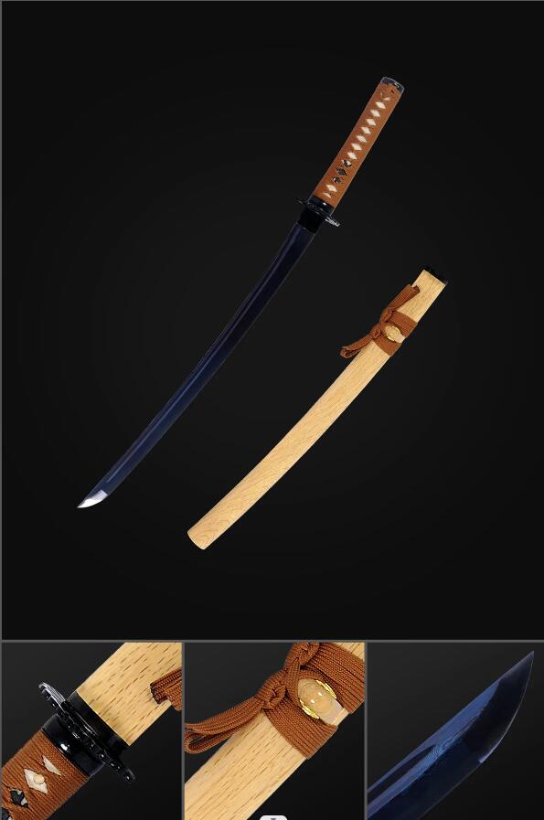 Hand Forged Japanese Wakizashi Sword Blue Blade Folded Steel Iron Tsuba Full Tang Sharp