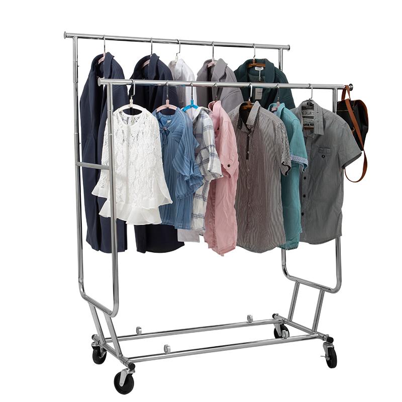 Double Clothing Garment Rack with Shelves on Wheels Rolling