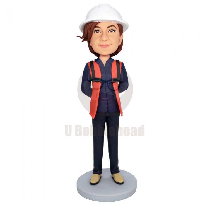 Custom Female Engineer Architect Bobbleheads In Overalls And Hard Hats