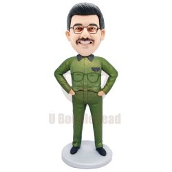 Custom Male Worker Bobbleheads In Overalls And Hands On Hips