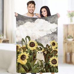 Sunflower Blanket , Throw Blanket Size 50×60, A Ghost in the Sunflower Field Blanket $42.95