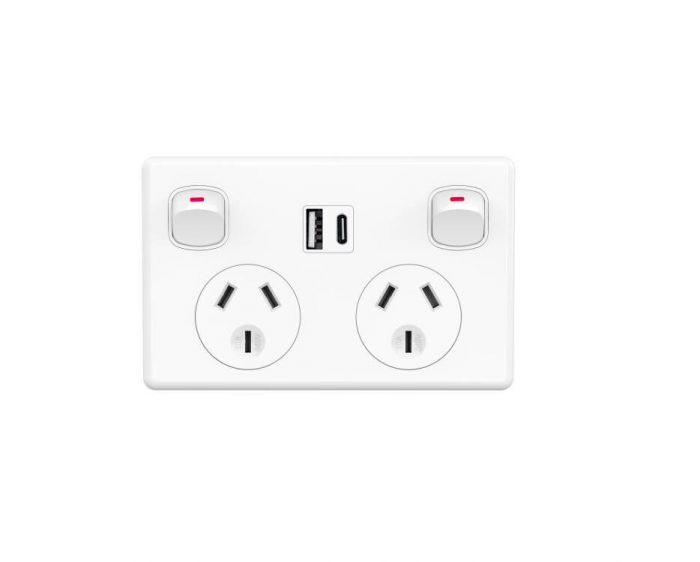 WHITE DOUBLE POLE DOUBLE GPO POWER POINT SOCKET W/ USB A & USB C CHARGING PORTS