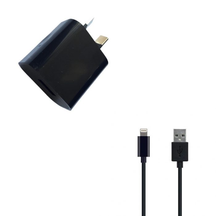 2.1A USB PORT MAINS CHARGER W/ 1M APPLE LIGHTNING CABLE – BLACK