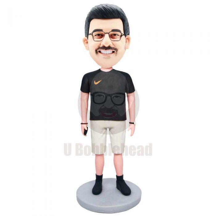Custom Male Bobbleheads In Black T-shirt Holding A Cell Phone