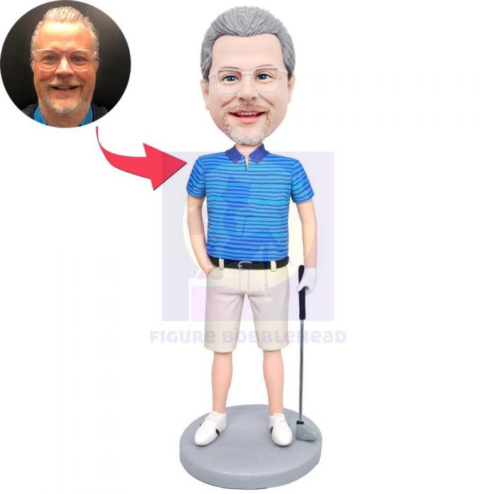 Male Golfer In Blue Striped T-Shirt Custom Figure Bobbleheads