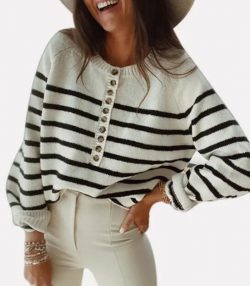 Crew Neck Stripe Knitted Jumper Casual Sweater