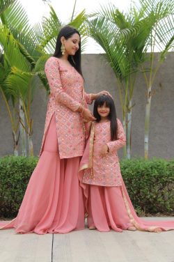 Latest mother daughter matching peach color dress