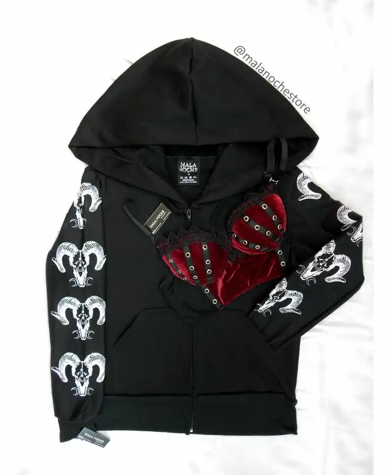 skull zip up hoodie, Goat Skull Hoodie $29.95
