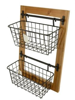 Wood and metal basket rack, 2 layers 18F530