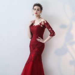 Appliqued Wine Lace Mermaid Prom Dresses Half Sleeves – promboutiqueonline