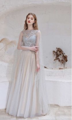 Bedazzled Long Grey Prom Cloak Dresses KSP601