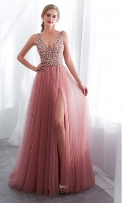 Bedazzled V-neck Long Pink Prom Dresses Slit KSP600