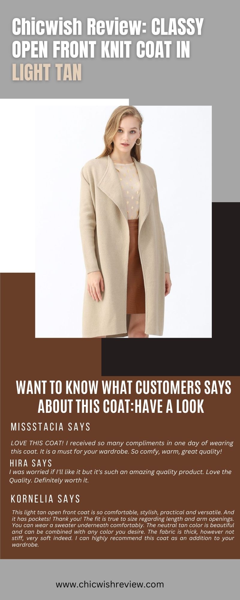 CLASSY OPEN FRONT KNIT COAT IN LIGHT TAN: Chicwish Review