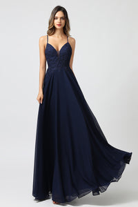 Dark Blue Appliqued Strappy Prom Dresses Long with String Back – promboutiqueonline