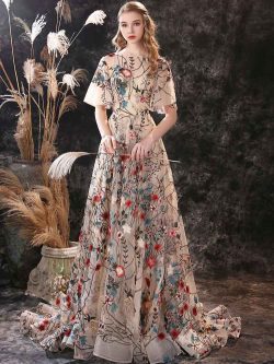 Floral Long Fairytale Tulle Prom Dresses with Half Butterfly Sleeves – promboutiqueonline