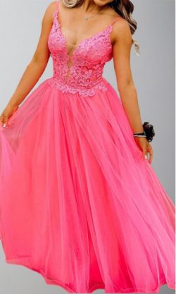 Girly Pink Applique Tulle Prom Gowns with Slit KSP627