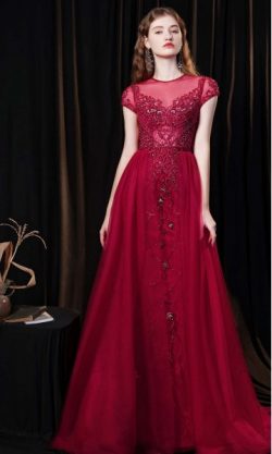 Long Red Luxury Bodycon Prom Dresses with Train Covered KSP598