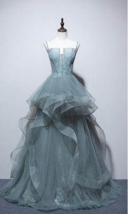 Mist Blue Shimmery Prom Gowns Bustier Top and Lace Up Back KSP592