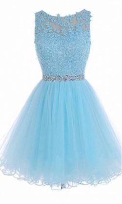Sky Blue High Illusion Short Lace Prom Dresses KSP455