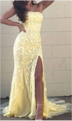 Strapless Yellow Mermaid Prom Dresses Slit KSP610