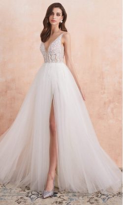 White Embellished Long Slit Prom Dresses with Straps KSP616