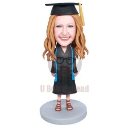 Custom Happy Female Graduation Bobbleheads In Black Gown And Blue Ribbon
