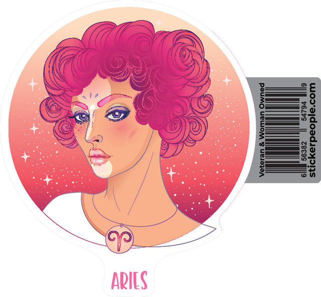Aries Zodiac Pink Hair Lady Round Sticker- Sticker People